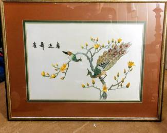 Framed silk Oriental peacocks