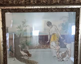 Antique lithograph Grecian Style with peacocks cherubs the ocean and fantastic antique gilded frame