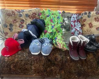 Baseball hats, clothing, boots, novelty slippers