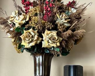 Brown Vase with Dried and Silk Flowers.