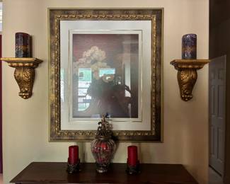 Large Framed Picture with Two Sconces