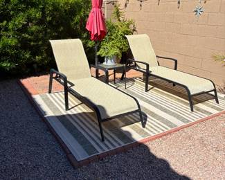 Two Patio Lounge Chairs with Umbrella and Stand