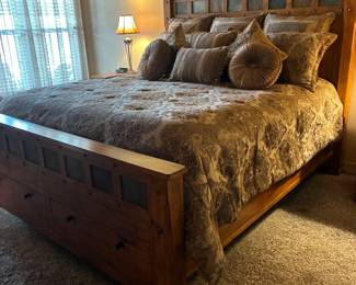King Oak bedframe with headboard, footboard and Cal-King comforter set with all pillows