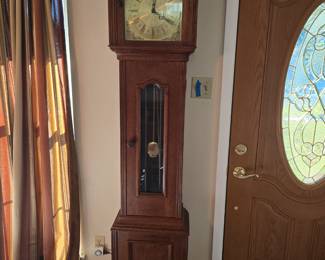 Colonial Style Oak Cabinet Grandfather Clock Westminster Chime