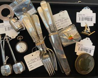 Sterling Mod Knife Set, 14k Abacus Cufflinks (BL), Vtg Brass Apple Belt Buckle, Sterling Mof Fork Set
