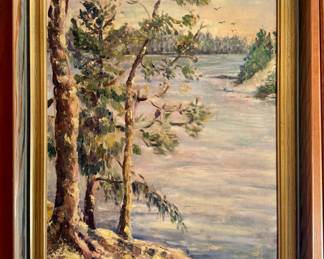 "Lake Scene" Oil on Canvas, Signed