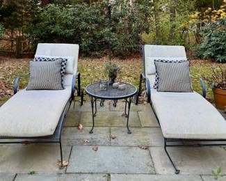 (2) Wrought Iron Adjustable Lounge Chairs & Side Table