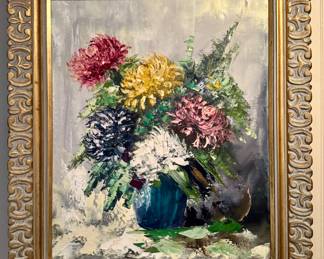 "Blue Vase with Flowers" Oil on Canvas, Signed