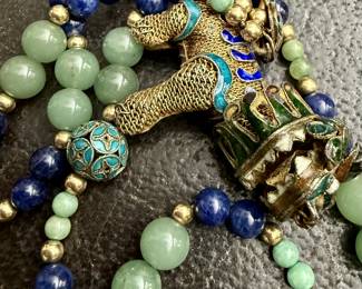 Jade lapis and gold foo dog necklace