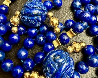 Large lapis and gold very long necklace