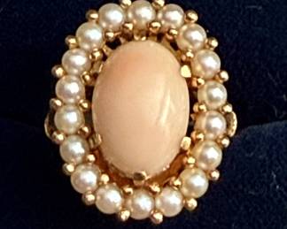 1960s large angel skin coral and pearl ring