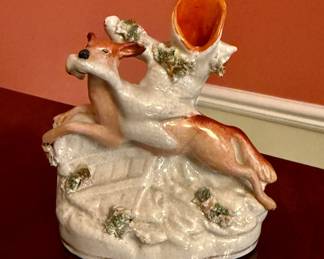 FINE 18th C Staffordshire Spill Vase of Dog and Deer