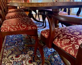 Antique English banded mahogany dining table with Queen Anne chairs