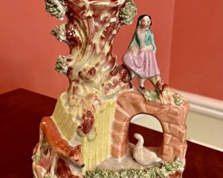 Victorian Era Staffordshire Spill Vase-Girl on Bridge With swan & Fox