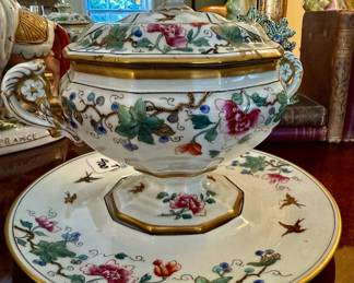 Antique French porcelain tureen. Hand painted and triple signed