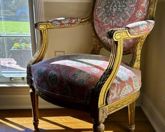 Late 1800s Louis Philippe gilt wood arm chair recently reupholstered by Ami Austin Interiors