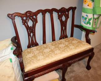 Chippendale-style chair settee, sating brocade, claw feet