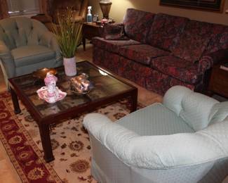 Broyhill sleeper sofa (and matching loveseat), custom-upholstered Broyhill shell chairs, Broyhill glass-top coffee table, Turkish rug