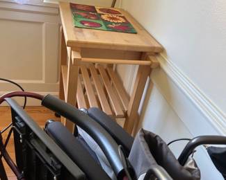 Wheelchair, walker, & wooden bar cart