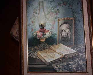 Mat/framed old bible & lamp