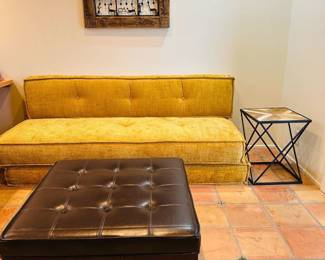 yellow couch and leather ottoman/coffee table 