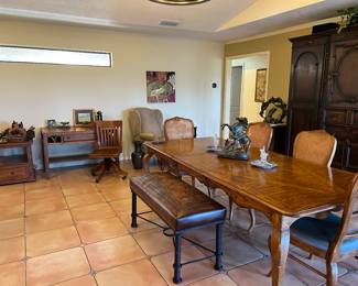 Gorgeous dining room table, shown with 1 of 2 leaves in, 6 cane back chairs-some in need of TLC-Available for early purchase!