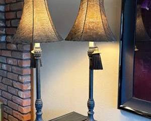Pair of Vintage Bronze Table Lamps with Fabric Shades and Decorative Tassels