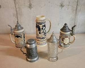 Vintage German Ceramic Beer Steins with Pewter Lids and Detailed Relief Scenes