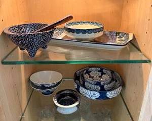 Set of Blue and White Leaf Patterned Stoneware Pottery Bowls and Plates by Kanmos Polish Pottery Outlet