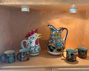 Hand Painted Italian Ceramic Rooster Pitcher and Colorful Decorative Mugs Set