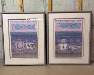Framed Southwestern Style Still Life Prints with Pottery and Geometric Patterns
