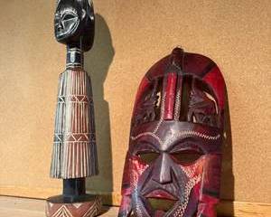 Handcrafted Wooden African Tribal Mask and Carved Figurine Sculpture Set