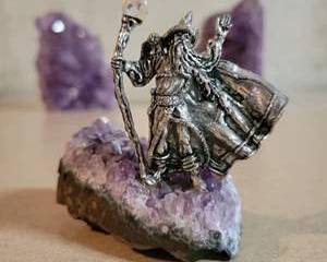 Silver Wizard Figurine on Natural Amethyst Crystal Cluster Base Decorative Statue