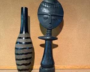 Black Wooden African Tribal Mask Sculpture and Tall Decorative Vase with Striped Pattern Handcrafted in Ghana