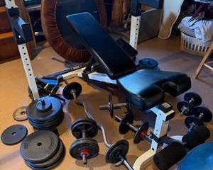 BodyFit Adjustable Weight Bench with Dumbbells, Barbells, Weight Plates, Exercise Ball, and Push-Up Bars