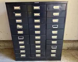 Vintage Black Metal Multi-Drawer Storage Cabinet with Label Holders
