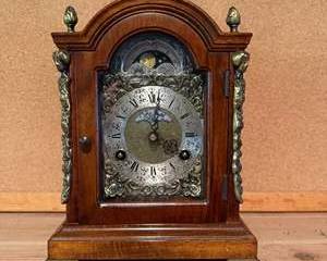 Vintage Hermle Brass Dial Wooden Mantel Clock with Moon Phase and Ornate Detailing