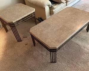 Set of Two Rectangular and Hexagonal Marble Top Metal Frame End and Coffee Tables