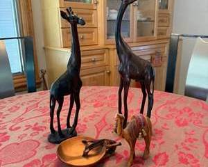 Handcrafted Wooden Giraffe and Camel Figurines with Small Wooden Bowl