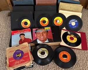 Vintage 45 RPM Vinyl Records Collection with Elvis Presley, Beatles and Frankie Laine