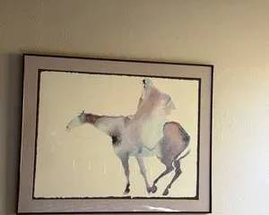 Framed Abstract Watercolor Horse Painting with Neutral Mat and Black Frame