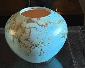 Lance Timco Decorative Blue Ceramic Pottery Vase with Earthy Brown Veining 7 Inch