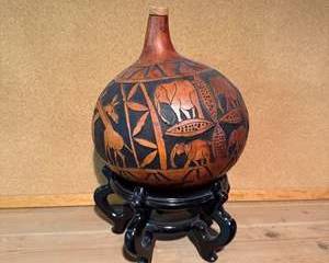 Hand-Etched and Painted African Animal Motif Decorative Gourd Made in Kenya
