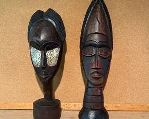Handcrafted Ghanaian African Tribal Wooden Carved Masks Sculpture Duo