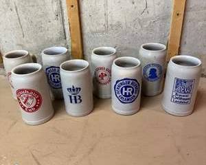 Set of Vintage German Stoneware Beer Steins with Brewery Logos and Emblems