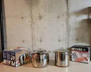 Vintage Revere Copper Clad Stainless Steel Stock Pot and Stainless Steel Pot with Glass Lid