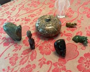 Collection of Carved Stone and Glass Figurines with Marble Lidded Box