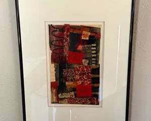 Framed Abstract Mixed Media Art with Red, Black, and Beige Patterns