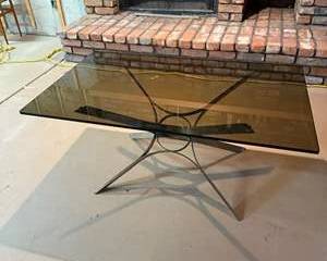 Modern Rectangular Smoke Glass Top Coffee Table with Sculptural Metal Base