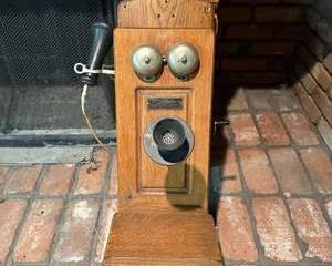 Antique B-R Electric Telephone Wall-Mounted Oak Wood Crank Phone with Metal Bells